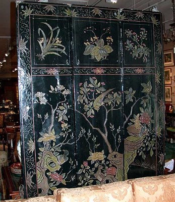 Lot 460 - Chinese Black Lacquered Three-Panel Screen