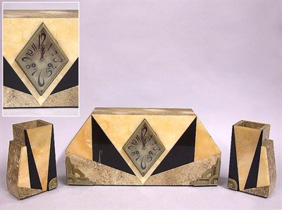 Lot 347 - Art Deco Tricolor Marble Three-Piece Clock...
