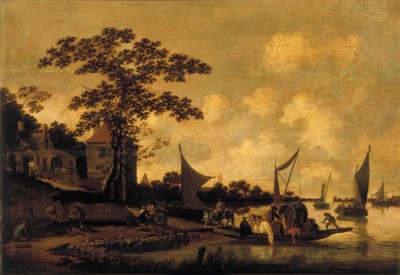 Lot 84 - Circle of Soloman van Ruisdael BUSTLING FERRY...