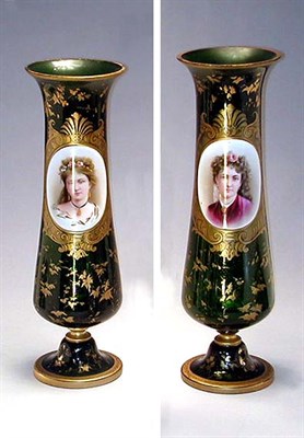Lot 116 - Pair of Bohemian Emerald Glass Portrait Vases...
