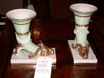 Lot 418 - Pair of Porcelain Ram's Head Cornucopia Vases