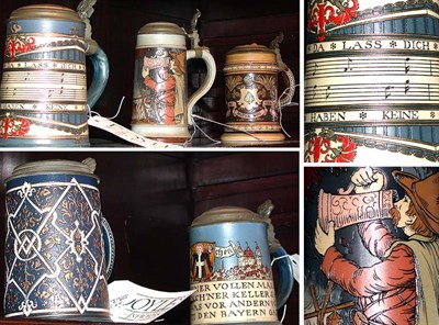 Lot 673 - Group of Five Mettlach Earthenware Steins...