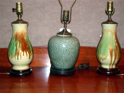 Lot 345 - Pair of Glazed Earthenware Lamps Together with...