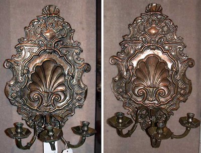 Lot 397 - Pair of Baroque Style Brass Three-Light Sconces