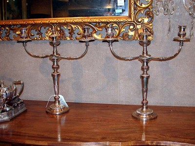 Lot 383 - Pair of Silver Plated Three-Light Candelabra