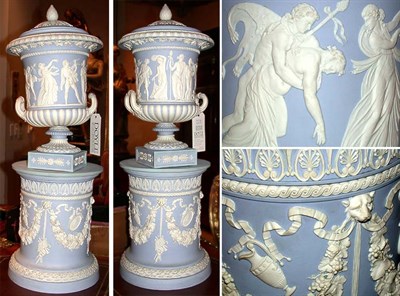 Lot 450 - Pair of Jasperware Light Blue Covered Urns and...