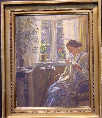 Lot 67 - Frederik Lange Danish, 1870-1941 WOMAN SEWING...