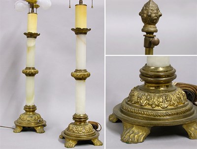 Lot 366 - Pair of Onyx and Gilt-Metal Column-Form Lamps