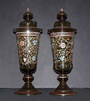 Lot 119 - Pair of Bohemian Enamel Decorated Amber Glass...