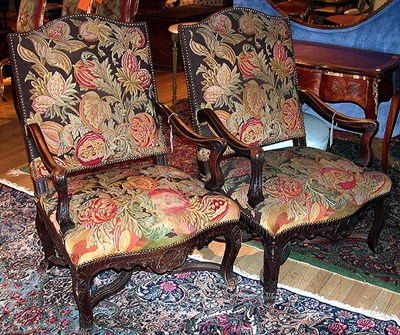 Lot 322 - Pair of Regence Style Walnut Armchairs Each...