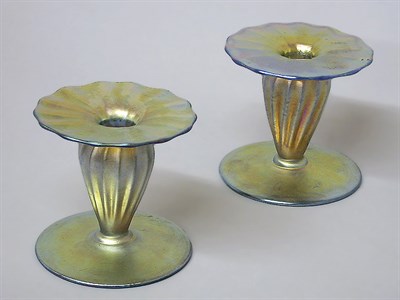 Lot 274 - Pair of Tiffany Glass Candlesticks Each with a...