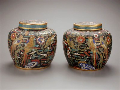 Lot 69 - PAIR OF BLACK-GROUND CLOISONNE JARS AND COVERS...