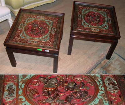 Lot 300 - Pair of Chinese Panel Inset Hardwood Low Tables