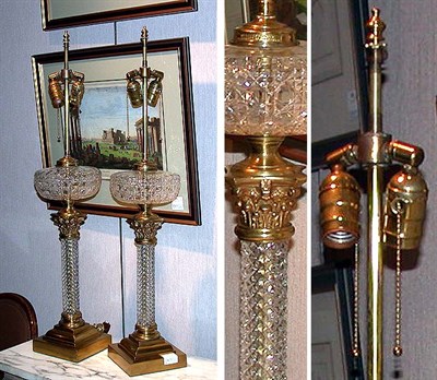 Lot 230 - Pair of Georgian Style Cut Glass and Brass Lamps