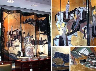 Lot 594 - Chinese Lacquered Six-Panel Screen