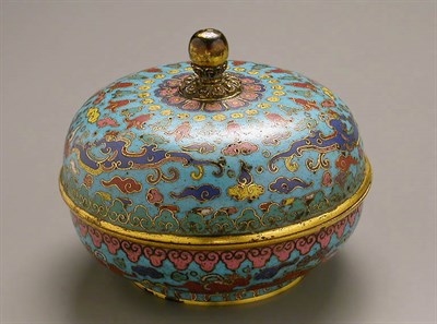 Lot 66 - BLUE GROUND CLOISONNE CIRCULAR BOX AND COVER...