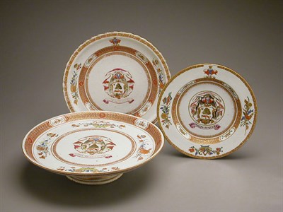 Lot 21 - CHINESE EXPORT PORCELAIN ARMORIAL TAZZA, PLATE...