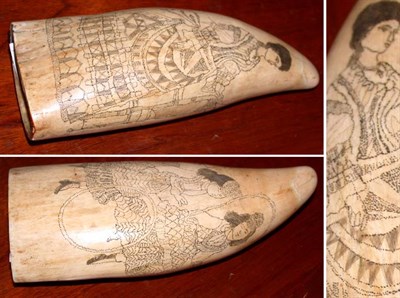Lot 169 - Scrimshaw Whale's Tooth Depicting a woman with...