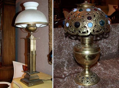 Lot 293 - Group of Three Brass and Glass Lamps