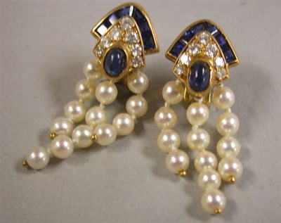 Lot 406 - Pair of Sapphire and Cultured Pearl Earclips