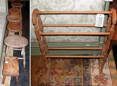 Lot 103 - Group of Six Pine Stools and a Pine Quilt Rack