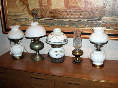 Lot 134 - Group of Five Milk Glass, Glass and Metal Lamps