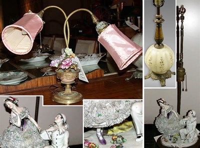 Lot 155 - Group of Three Porcelain and Glass Lamps