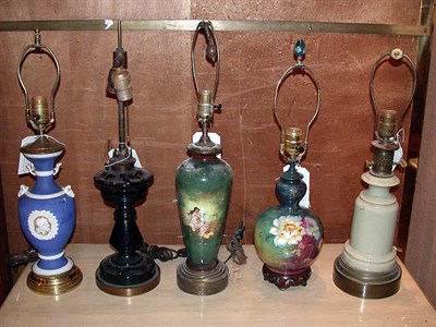 Lot 240 - Group of Five Porcelain and Glass Lamps