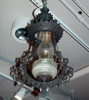Lot 405 - Victorian Patinated-Metal and Glass Lantern...