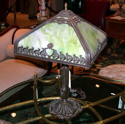 Lot 467 - Patinated-Metal and Slag Glass Lamp