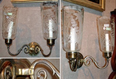 Lot 346 - Pair of Georgian Style Brass Two-Light Sconces...
