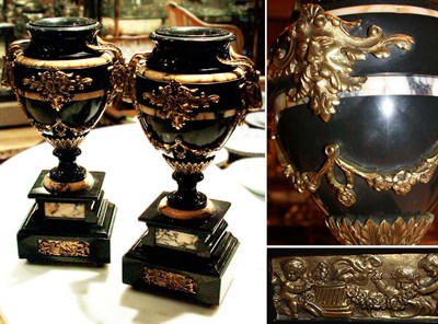 Lot 248 - Pair of Louis XVI Style Brass Mounted Marble Urns