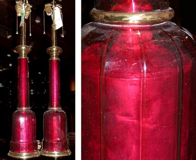 Lot 233 - Pair of English Cranberry Glass Lamps