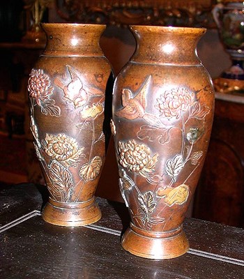 Lot 416 - Pair of Japanese Mixed Metal Vases Meiji...