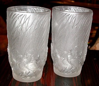 Lot 542 - Pair of Lalique Frosted Colorless Glass Coqs...