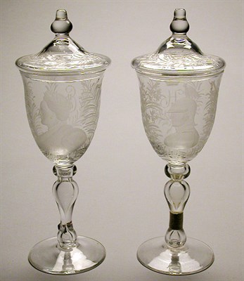Lot 158 - Two Russian Engraved Glass Covered Chalices...