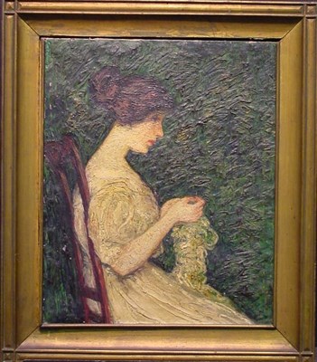 Lot 1 - 20th Century School YOUNG WOMAN SEWING Oil on...