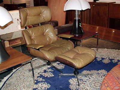 Lot 186 - Upholstered Walnut Lounge Chair and Ottoman...
