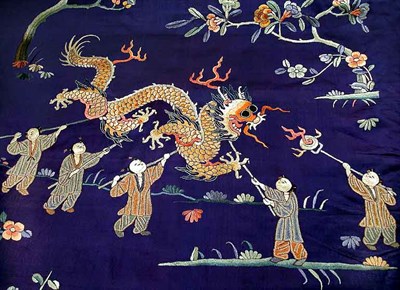 Lot 958 - Pair of Chinese Blue Silk Embroidered Wedding Panels