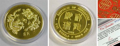 Lot 185 - Singapore: 1988 5 Ounce Gold Coin, Sinogold