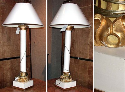 Lot 210 - Pair of Painted and Parcel Gilt Columnar Lamps