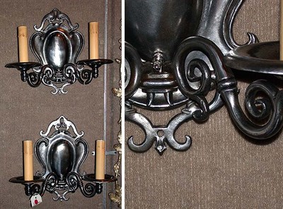 Lot 340 - Pair of Baroque Style Pewter Two-Light Sconces