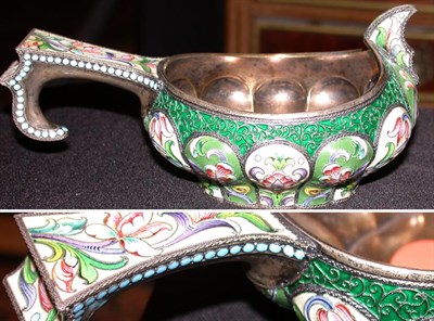 Lot 484A - Russian Silver and Cloisonne Kovsch Length 6...