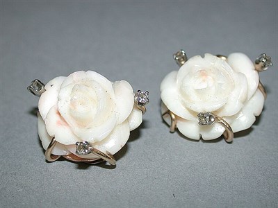 Lot 39 - Pair of Carved White Coral and Diamond Earclips
