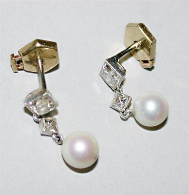 Lot 116 - Pair of Diamond and Cultured Pearl Drop Earrings