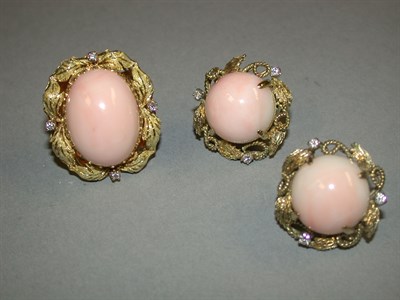 Lot 308 - Coral and Diamond Ring and Pair of Earclips