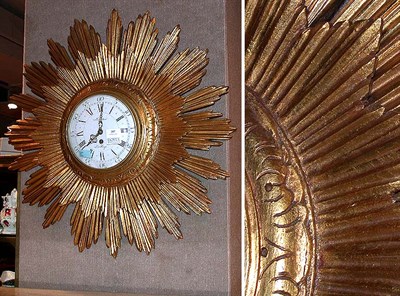 Lot 207 - Continental Gilt-Wood and Enamel Sunburst Clock