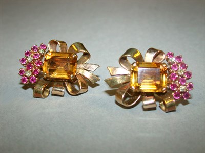 Lot 241 - Pair of Retro Citrine, Ruby and Diamond...