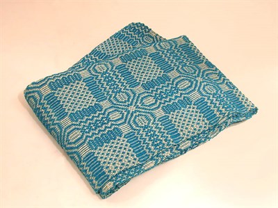 Lot 978 - Unusual Overshot Coverlet of Natural Linen and Turquoise Wool
