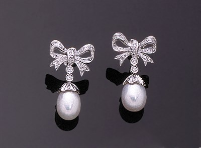 Lot 386 - Pair of Diamond and Cultured Pearl Earclips